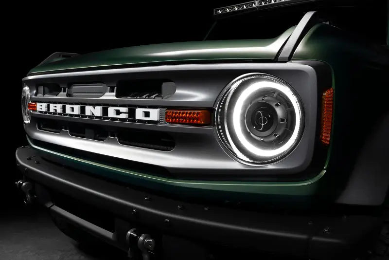 Green Ford Bronco front with Oracle Bi-LED Projector Headlights installed