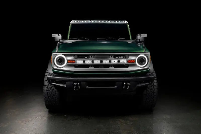 Green Ford Bronco with Oracle Bi-LED Projector Headlights and cool aftermarket lights