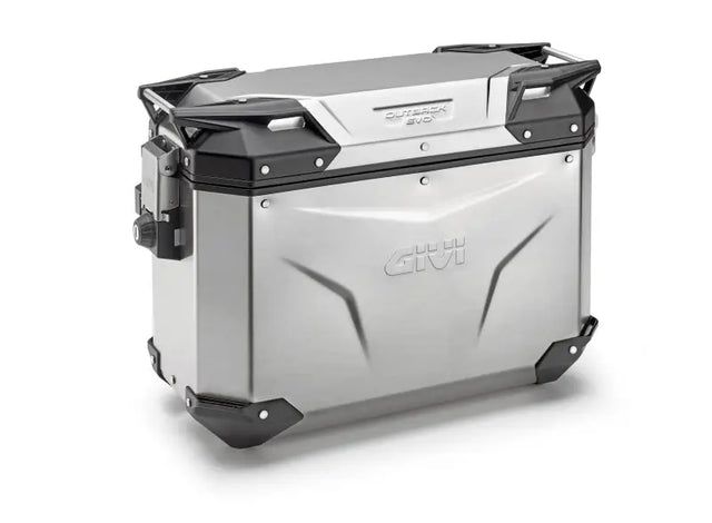 Silver aluminum Outback Evo Case Right 37l motorcycle pannier with black reinforced corners