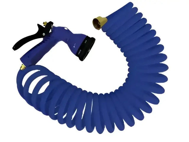 Blue coiled hose with integrated nozzle, perfect for RV, automotive, powersports, off-road, marine, exterior, truck accessories, interior, truck bed, RV parts, Marine, AVADA - Best Sellers, Marine Maintenance.