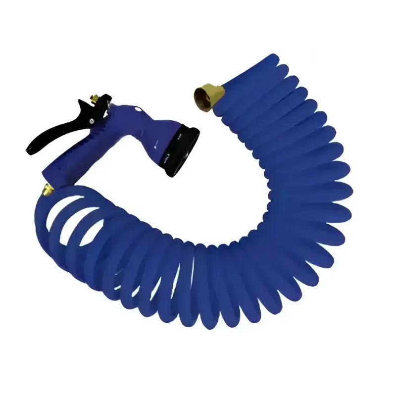 Blue coiled hose with integrated nozzle, perfect for RV, automotive, powersports, off-road, marine, exterior, truck accessories, interior, truck bed, RV parts, Marine, AVADA - Best Sellers, Marine Maintenance.