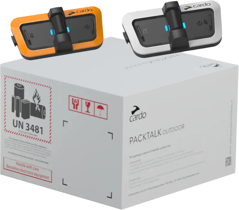 Packtalk Outdoor communication devices with V-strap mounting and USB charging in packaging