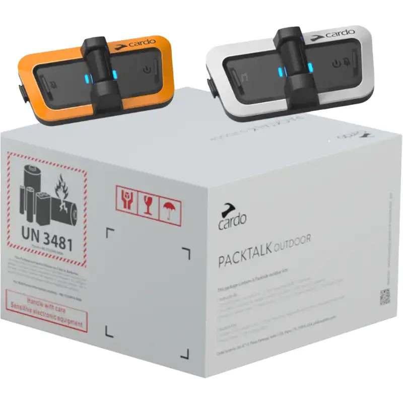 Packtalk Outdoor communication devices with V-strap mounting and USB charging in packaging