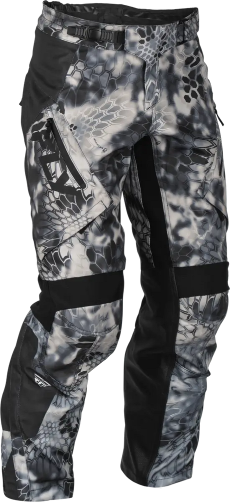 Camo hunting pants with easily accessible pockets and built to easily allow movement at the lower leg