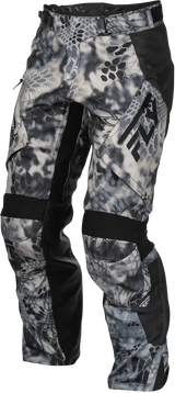 Men’s camouflage motocross pants with black accents, easily allow access to lower leg