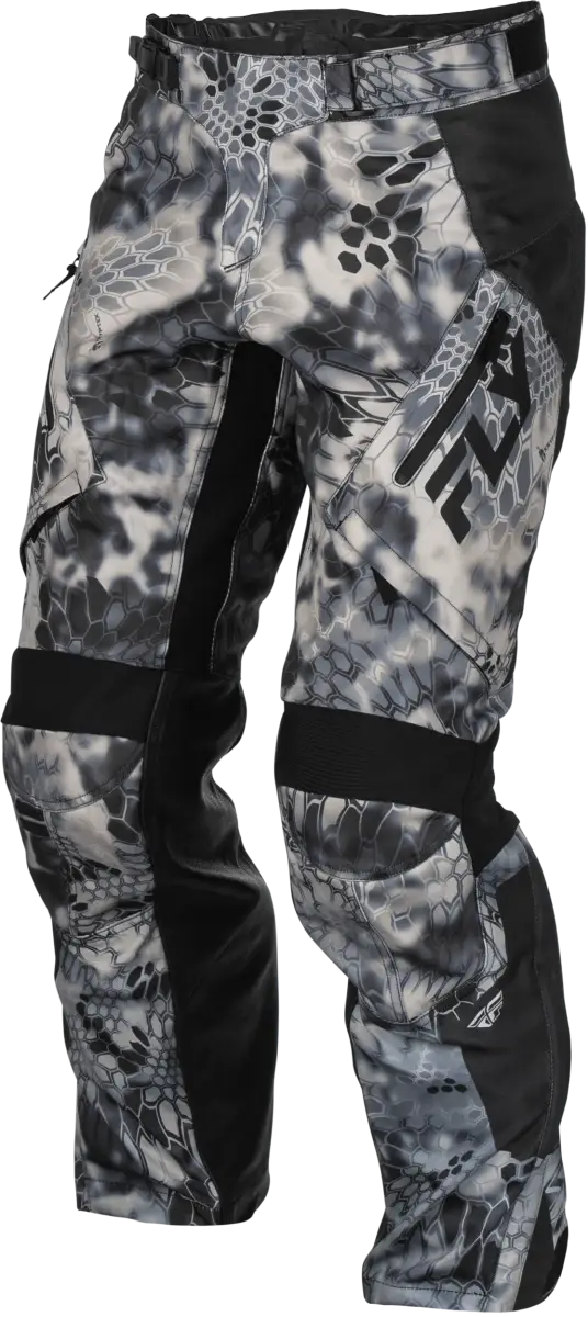 Camouflage motocross pants with easily accessible lower leg zippers for riding comfort