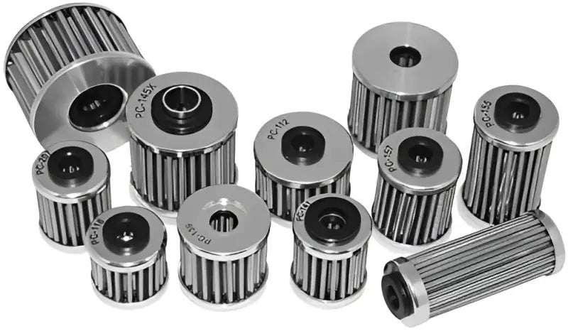 Assortment of PC401 Pcracing Flo steel oil filters with corrugated sides and central openings