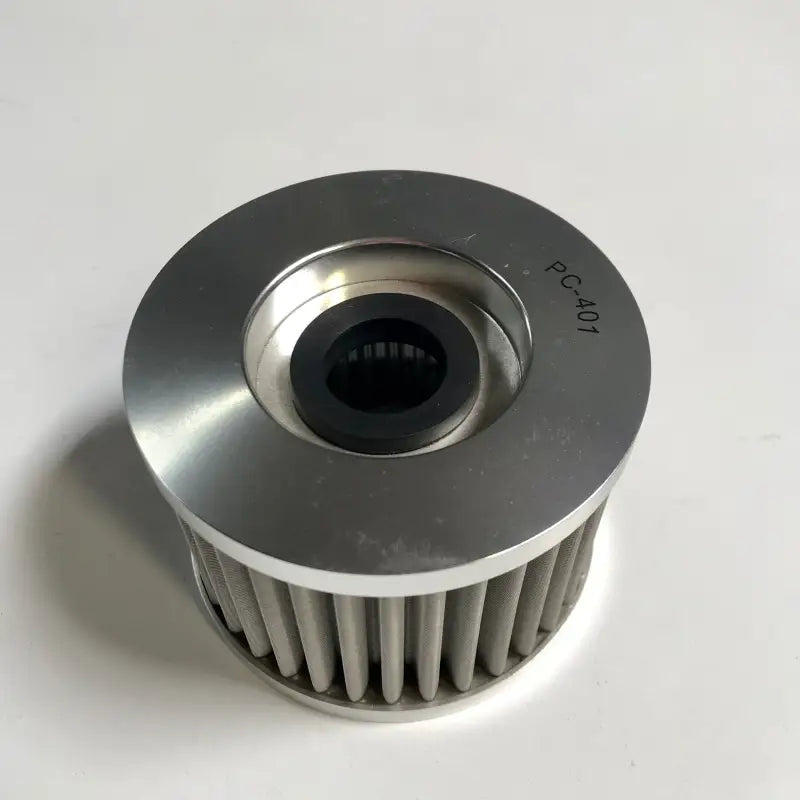 Silver-colored steel oil filter with black rubber seal for PC401 PCRacing Flo