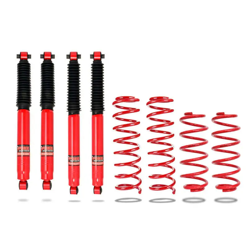 Red titanium shocks and coil springs in Pedders Jeep Gladiator TrakRyder lift kit