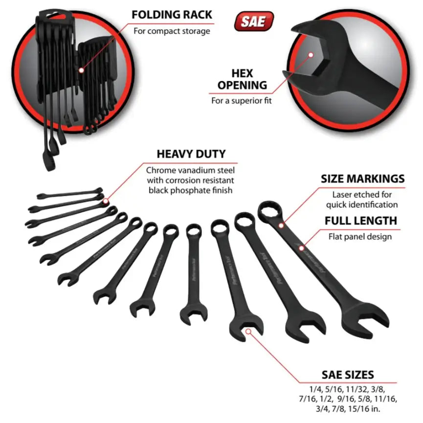 Perform Tool Limited Lifetime Warranty Wrench W1078 - Black 12 PC. Sae Combination
