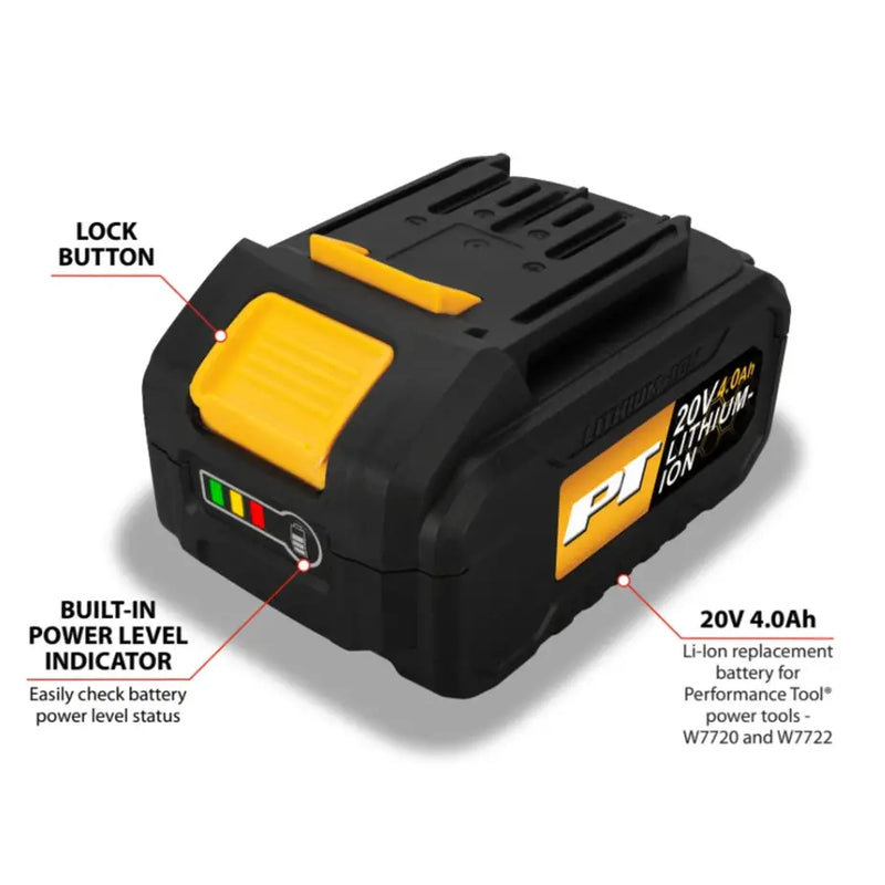 Perform Tool Lock Button Power Tool Battery W7724 - 20V 4.0AH LI-ION