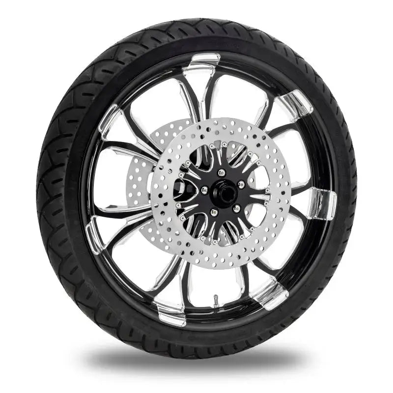 Chrome wheel with black tire, spokes, silver brake in Performance Machine Contrast Cut Platinum