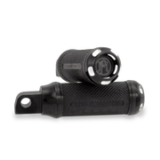 Black performance machine footpegs with contrast cut design for motorcycles
