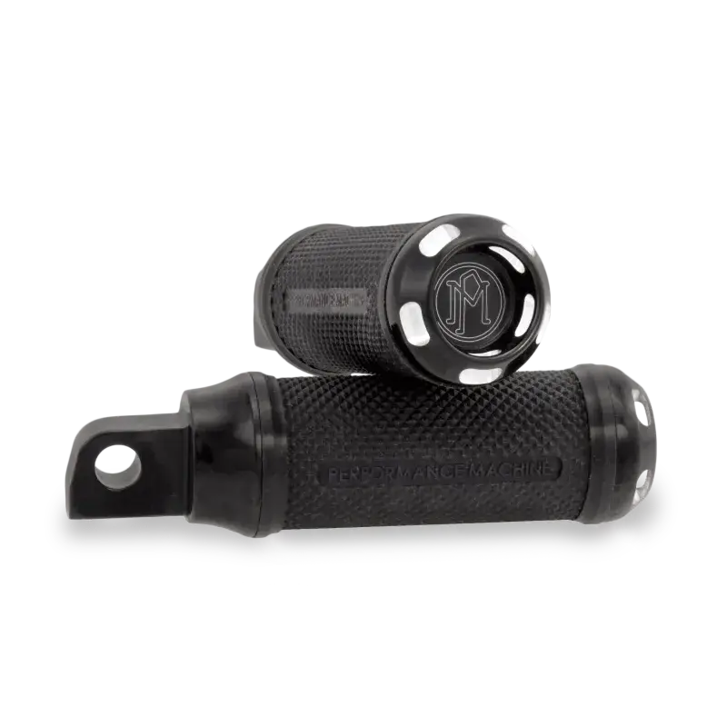 Black performance machine footpegs with contrast cut design for motorcycles