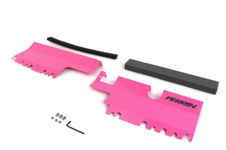 Pink engine bay dress-up kit for Perrin 15-21 WRX/STI radiator shroud without OEM intake scoop in hyper pink