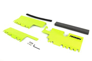 Perrin 2015 WRX/STi Red Radiator Shroud setup includes bright yellow metal parts, black foam strip, screws, and an allen wrench tool.