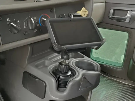 Tablet mounted in vehicle cup holder using Havis Cup Holder for 7 to 9 inch devices