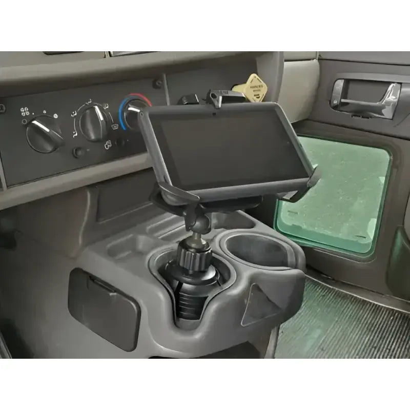 Tablet mounted in vehicle cup holder using Havis Cup Holder for 7 to 9 inch devices