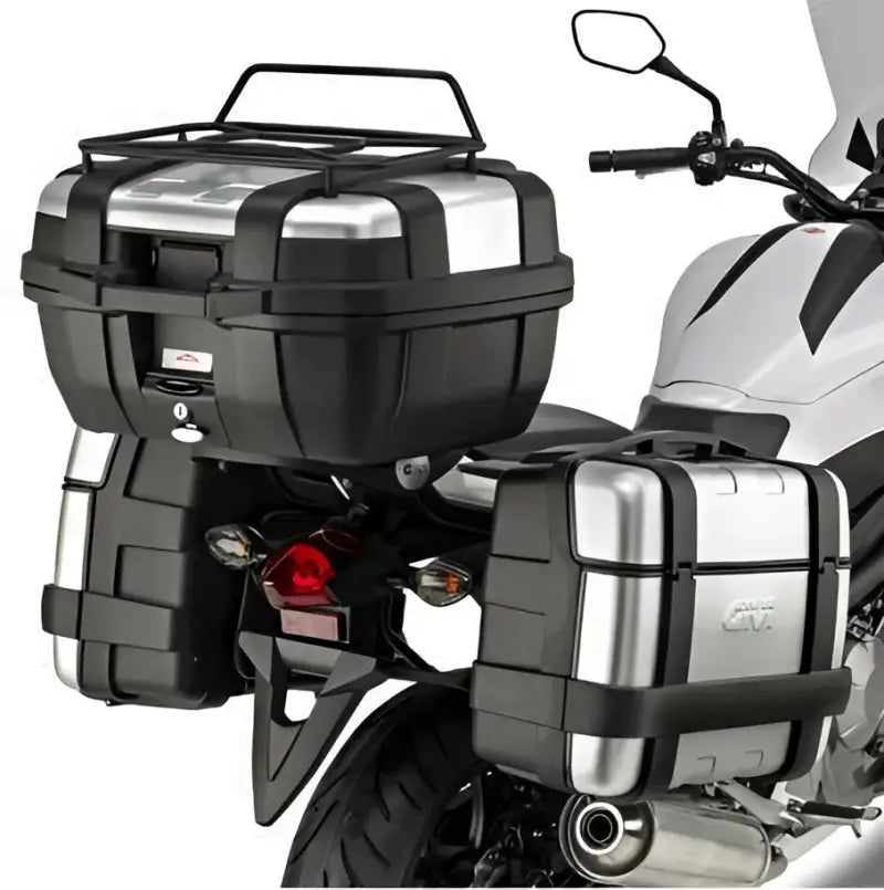 Motorcycle with matte black hard luggage mounting hardware and side cases for storage