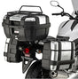 Motorcycle with matte black hard luggage mounting hardware and side cases for storage