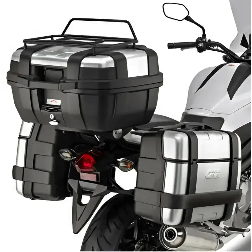 Motorcycle with matte black hard luggage mounting hardware and side cases for storage