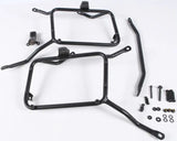 Black metal motorcycle pannier racks and hardware for matte black hard luggage mounting