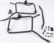 Black metal motorcycle pannier racks and hardware for matte black hard luggage mounting