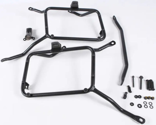 Black metal motorcycle pannier racks and hardware for matte black hard luggage mounting