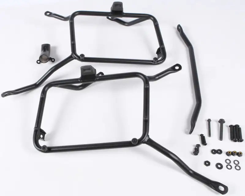 Black metal motorcycle pannier racks and hardware for matte black hard luggage mounting