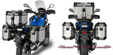Blue motorcycle with pl1146cam hard luggage mounting hardware and silver panniers