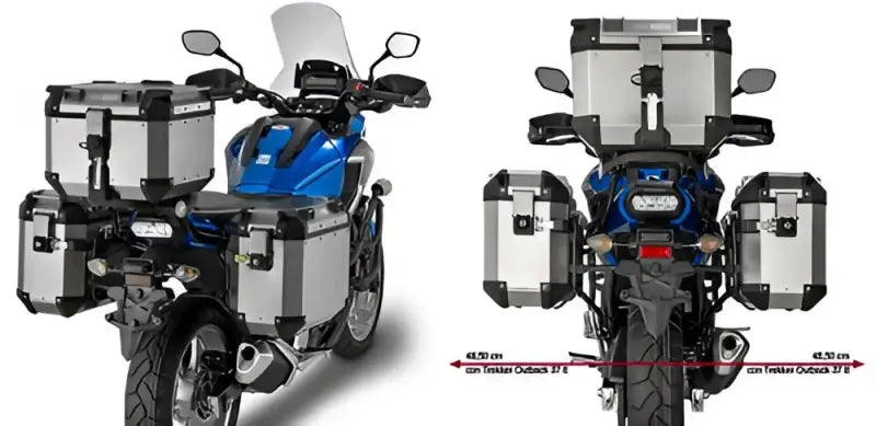Blue motorcycle with pl1146cam hard luggage mounting hardware and silver panniers