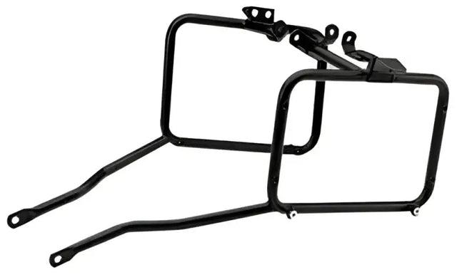 Black metal motorcycle pannier racks for matte black hard luggage mounting hardware