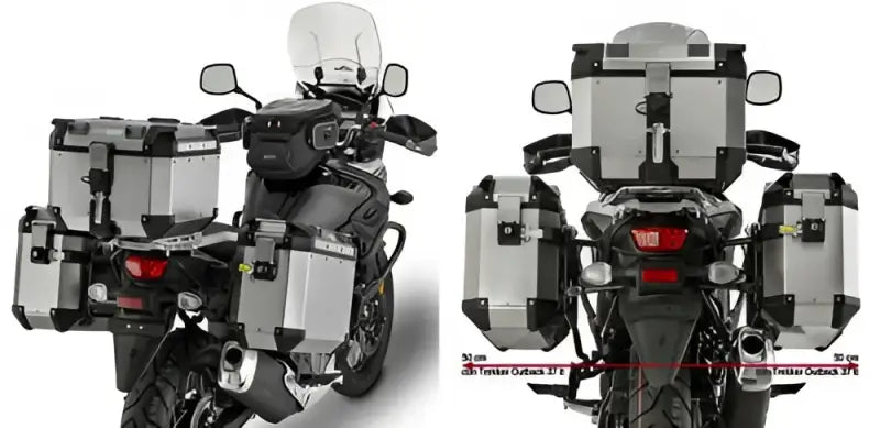 PL3112CAM motorcycle hard luggage mounting with silver hard-shell cases and tank bag