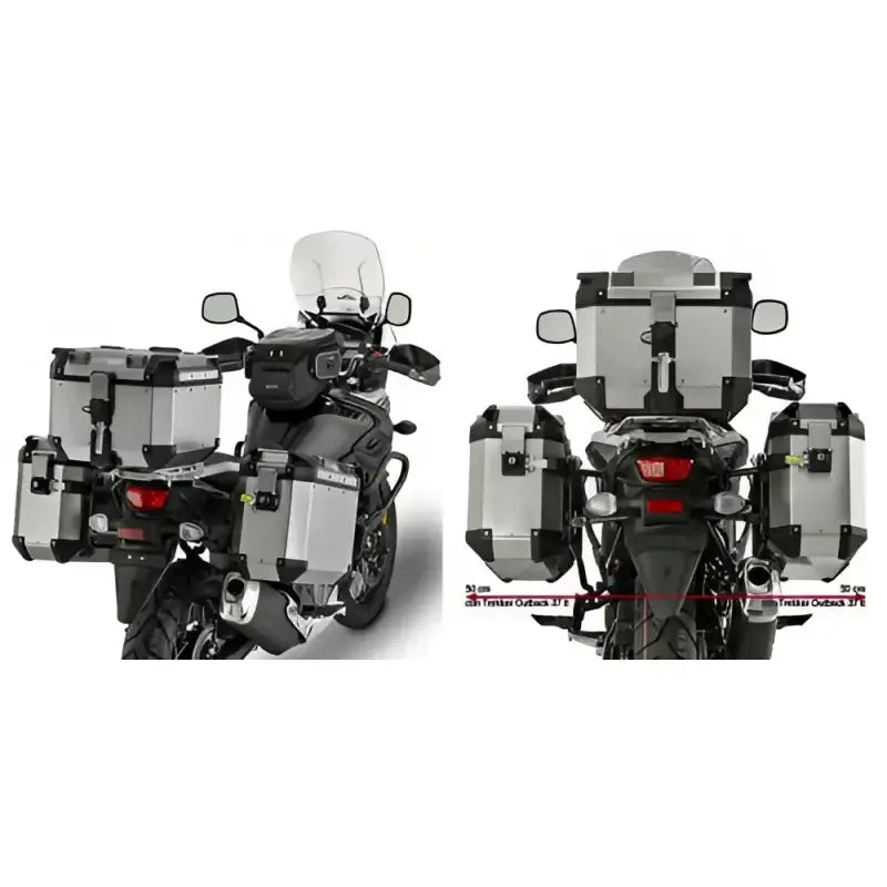 PL3112CAM motorcycle hard luggage mounting with silver hard-shell cases and tank bag