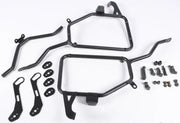 Side Case Hardware for PL447 by Shopify, innovative V35 MONOKEY® SIDE series, designed for improved aerodynamics and reduced bike width, ideal for mid to long range trips, black construction shown with mounting brackets and screws