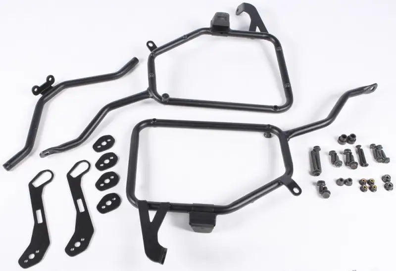 Side Case Hardware for PL447 by Shopify, innovative V35 MONOKEY® SIDE series, designed for improved aerodynamics and reduced bike width, ideal for mid to long range trips, black construction shown with mounting brackets and screws