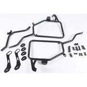 Side Case Hardware for PL447 by Shopify, innovative V35 MONOKEY® SIDE series, designed for improved aerodynamics and reduced bike width, ideal for mid to long range trips, black construction shown with mounting brackets and screws