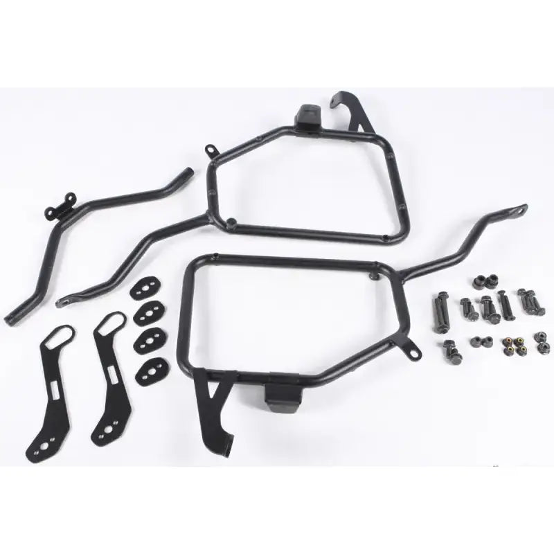 Side Case Hardware for PL447 by Shopify, innovative V35 MONOKEY® SIDE series, designed for improved aerodynamics and reduced bike width, ideal for mid to long range trips, black construction shown with mounting brackets and screws