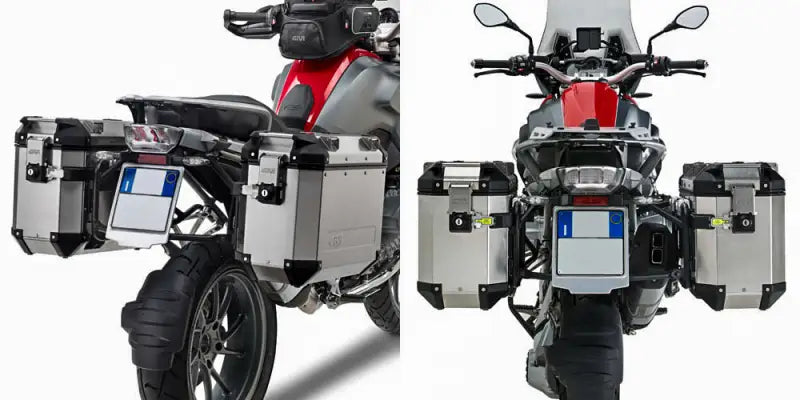 Motorcycle with PL5108CAM Side Case Hardware Outback installed, featuring V35 MONOKEY® SIDE series cases in matte black with red lenses for improved aerodynamics and increased storage capacity.