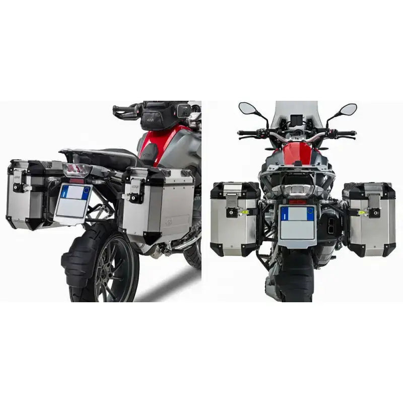 Motorcycle with PL5108CAM Side Case Hardware Outback installed, featuring V35 MONOKEY® SIDE series cases in matte black with red lenses for improved aerodynamics and increased storage capacity.