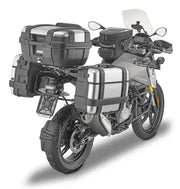 Motorcycle with matte black hard luggage mounting hardware for luggage mounting convenience