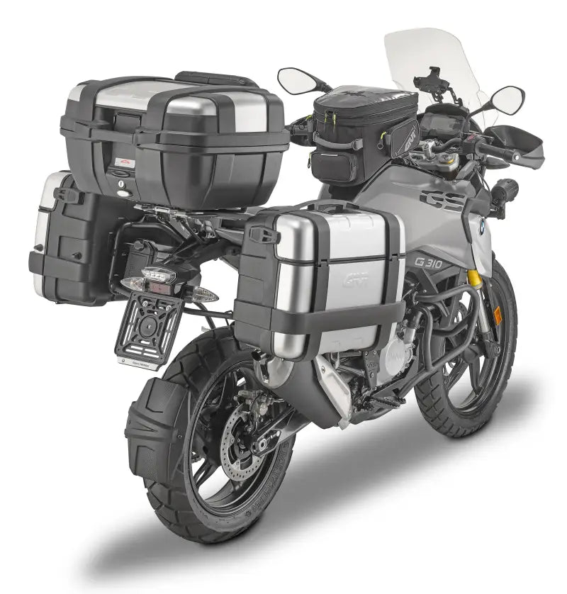 Motorcycle with matte black hard luggage mounting hardware for luggage mounting convenience