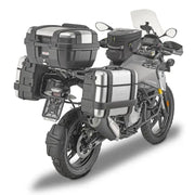 Motorcycle with matte black hard luggage mounting hardware for luggage mounting convenience