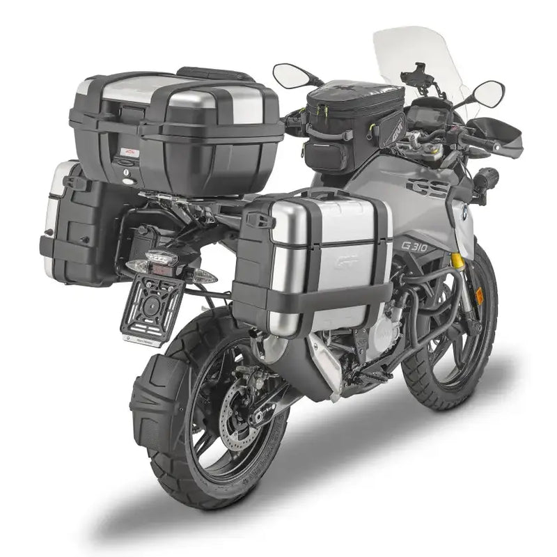 Motorcycle with matte black hard luggage mounting hardware for luggage mounting convenience