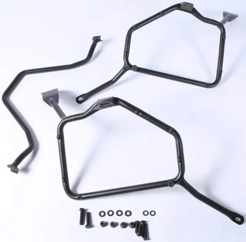 Matte black black metal motorcycle pannier racks with luggage mounting hardware for hard luggage mounting
