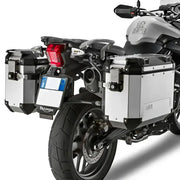 PL6401CAM hard luggage mounting hardware on silver aluminum motorcycle side cases