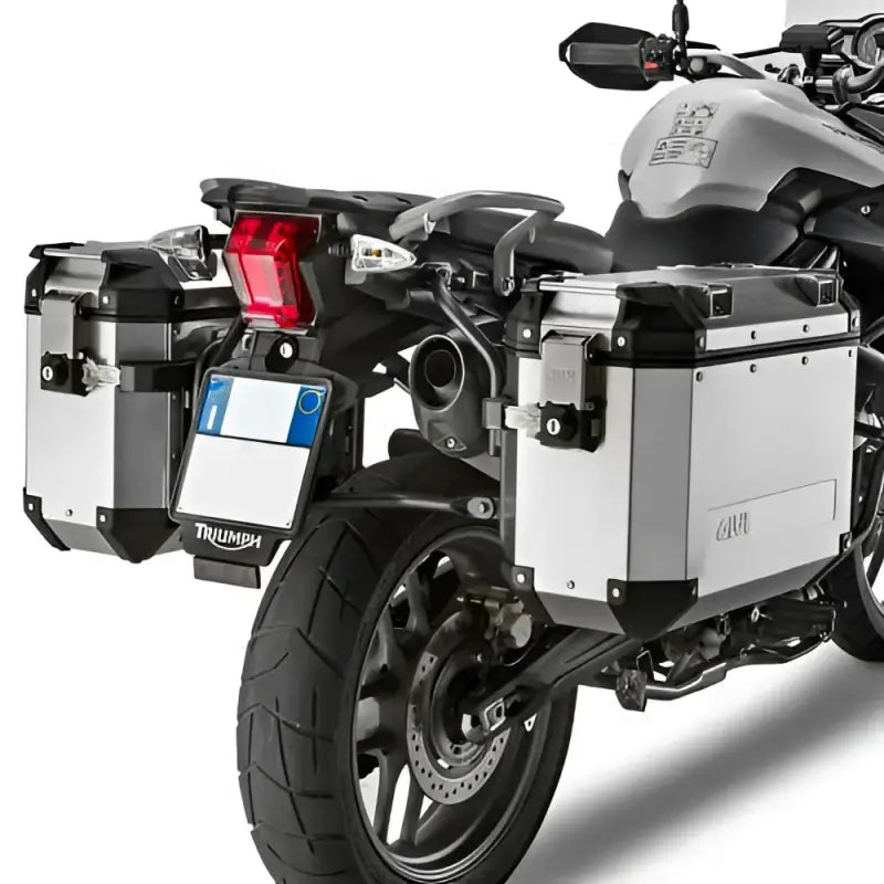 PL6401CAM hard luggage mounting hardware on silver aluminum motorcycle side cases