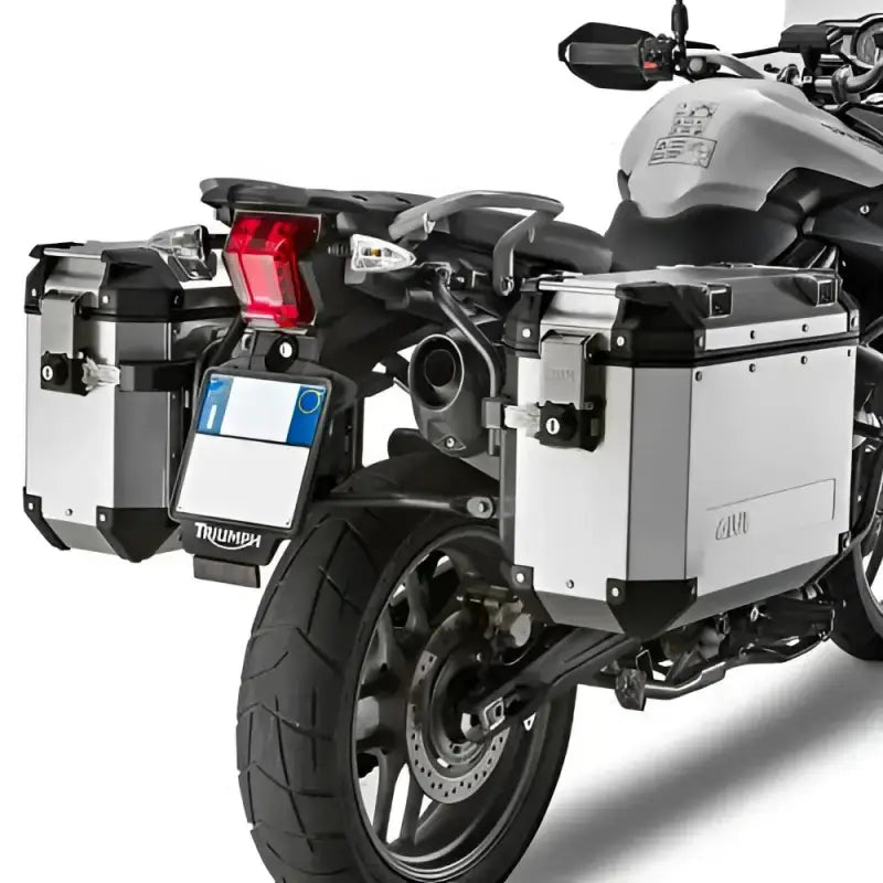 PL6401CAM hard luggage mounting hardware on silver aluminum motorcycle side cases
