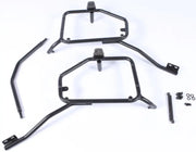 Black matte black metal motorcycle pannier racks with hard luggage mounting hardware