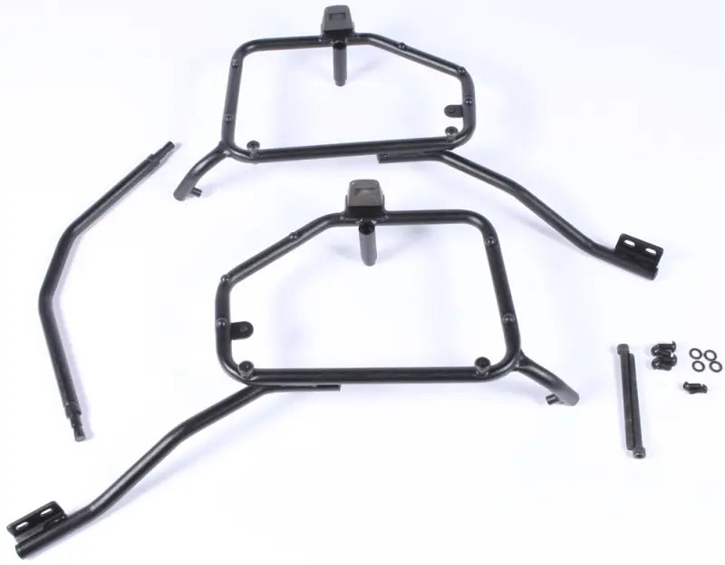 Black matte black metal motorcycle pannier racks with hard luggage mounting hardware